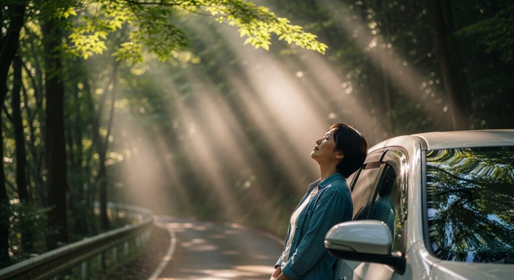 ADHDドライバーの森林リセットシーン|木漏れ日の中で深呼吸する女性 山道に車を停め、木漏れ日の中で深呼吸をする女性。ADHD傾向のある人が、無理をせず立ち止まり心を整えている様子。