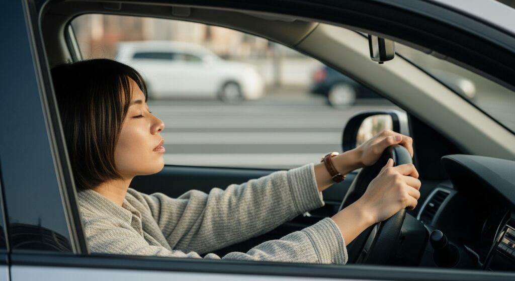 ADHDドライバーのセルフリセット|車内で目を閉じて深呼吸する女性 車内で目を閉じて深呼吸をする女性。ADHD傾向のある人が、注意が散漫になる前に意識的に休息をとり、冷静さを取り戻している様子。