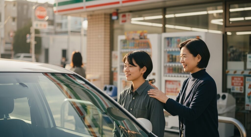 ADHDドライバーの自己理解シーン|親子の会話から学ぶ“安全ライン”の見極め方 コンビニの前で穏やかに笑顔を交わす親子。ADHD傾向のある人が、その日の体調や気分を受け入れながら、安全に運転できる状態を確認している様子。