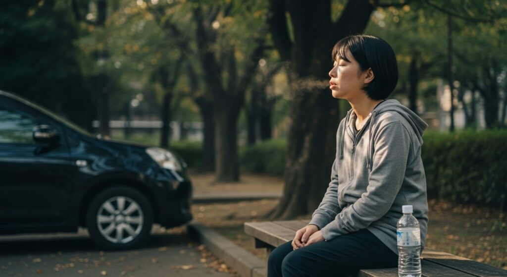 ADHDドライバーの休憩シーン|公園でのリセットと深呼吸 公園のベンチで深呼吸をする女性。ADHD傾向のある人が運転後にリセットするように心を落ち着かせている様子。