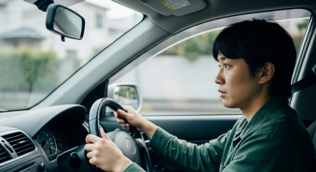 ADHDの特性を持つ日本人男性が、運転中に集中しながら慎重にハンドルを握る様子。安全運転と自己コントロールの重要性を象徴するシーン。