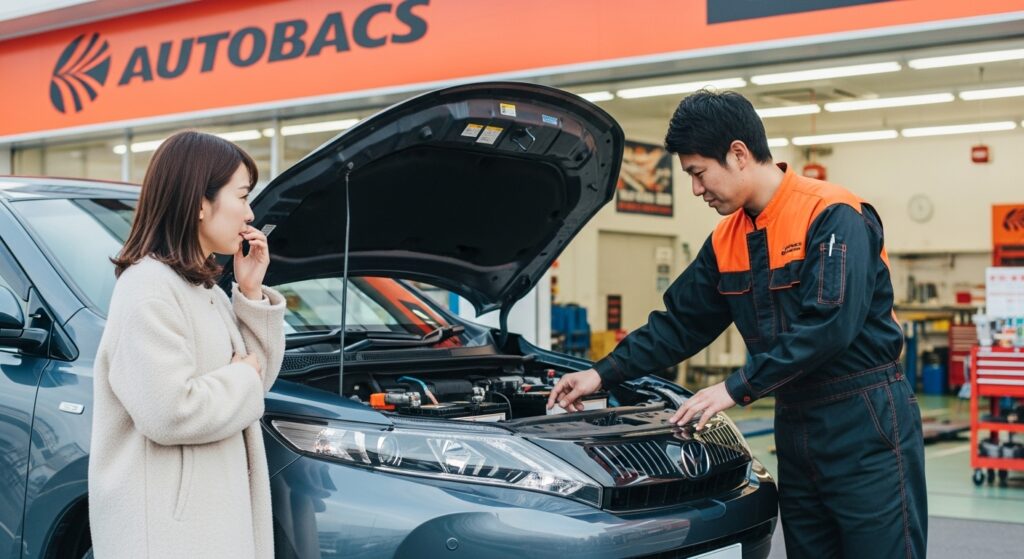 オートバックス バッテリー交換 点検 女性 雪の朝、AUTOBACSで整備士からバッテリー交換の説明を受ける女性ドライバーの様子