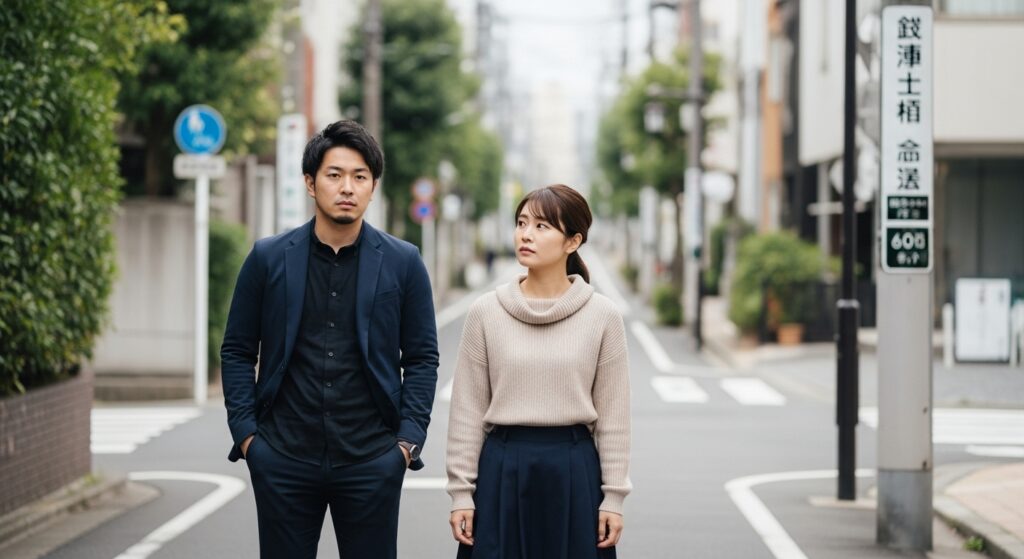 距離を保ちながら街を歩く男女、不安とぎこちなさが漂うシーン