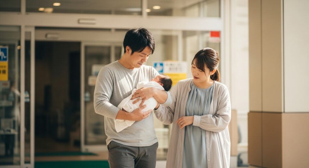 赤ちゃんを抱いて退院する夫婦の姿。新しい家族としての第一歩。 病院の玄関前で、赤ちゃんを抱いて退院する夫婦の姿。穏やかな笑顔と家族の温かい時間。