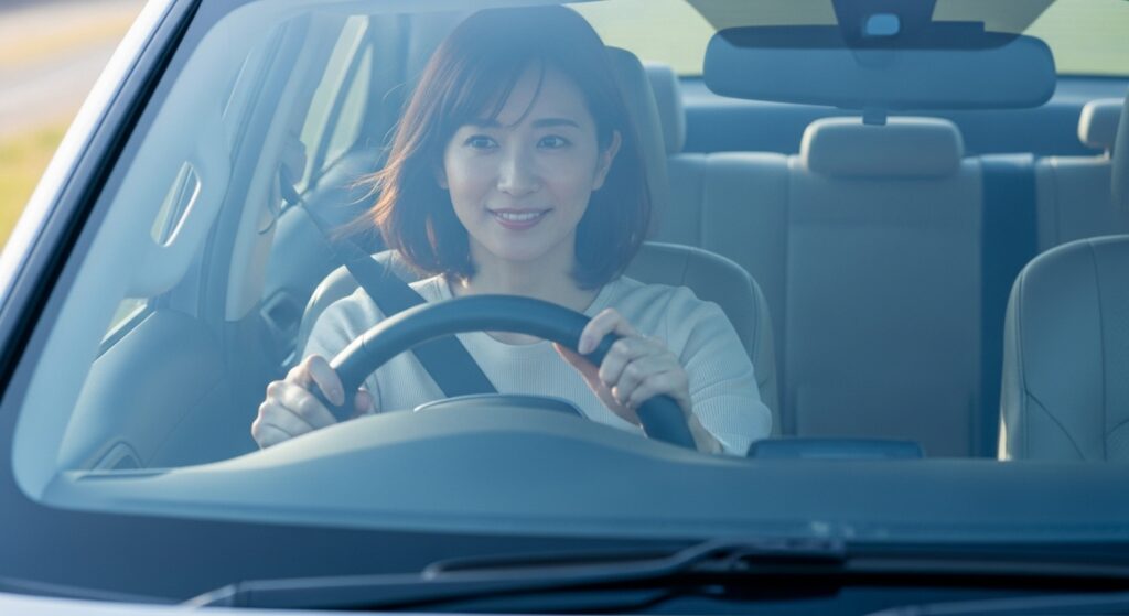 きれいな運転を目指す女性ドライバー 笑顔で運転する女性ドライバー|きれいな運転を目指す安全運転シーン