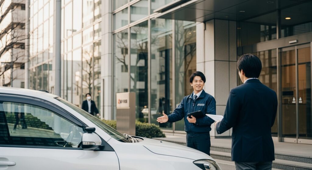 オフィス前で企業担当者と打ち合わせするインストラクター|新宿エリア対応の法人向けペーパードライバー講習 オフィス前で企業担当者に講習内容を説明するインストラクター|法人向け出張ペーパードライバー講習の様子