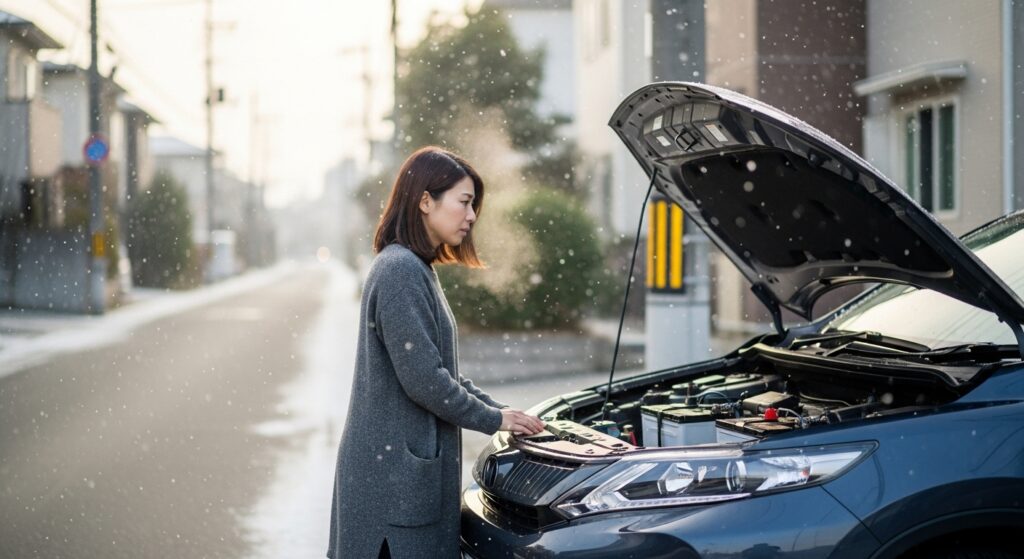 バッテリー点検 冬 雪 女性 雪の朝、ボンネットを開けて車のバッテリーを点検する女性の写真