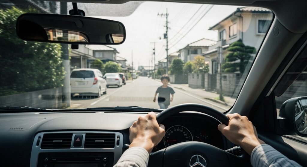 運転中に子どもが飛び出すシーン 子どもが前方に飛び出す瞬間をとらえた運転中の視点|安全運転の意識を高めるシーン