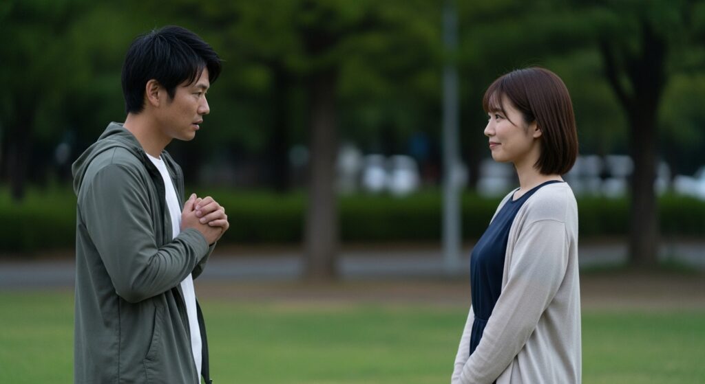 芝生の上で向かい合い、緊張して思いを伝える男性と微笑む女性