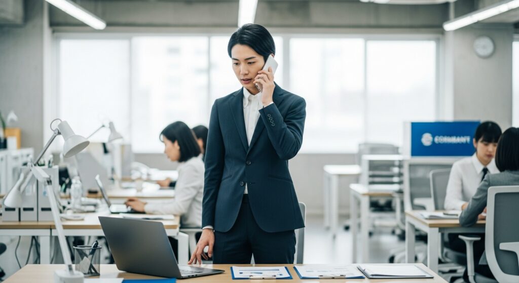 出張ペーパードライバー講習の法人導入相談シーン|ハートフルドライビング 「東京都内のオフィスで、インストラクターが企業の総務担当者とペーパードライバー講習の導入相談をしている様子」)