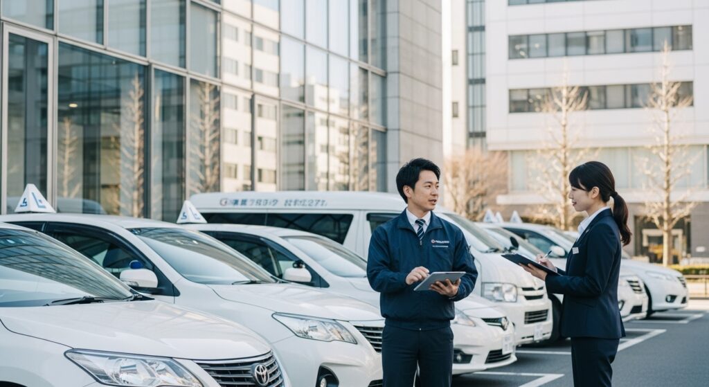 社用車の前で社員に講習内容を説明するインストラクター|企業向けペーパードライバー講習の風景 社用車が並ぶ前でインストラクターが社員に講習内容を説明している様子|法人向け出張ペーパードライバー講習