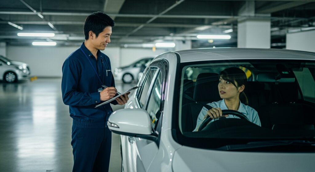地下駐車場で女性社員に運転指導を行うインストラクター|企業向けペーパードライバー講習の風景 地下駐車場で女性社員に運転指導を行うインストラクター|企業向けペーパードライバー講習の様子
