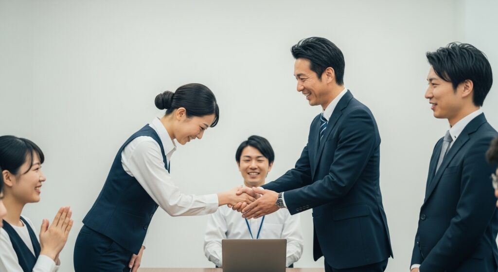講習導入後の成果を共有し、インストラクターへ感謝を伝えるシーン。 会議室でインストラクターに感謝の握手を交わす企業担当者|法人向けペーパードライバー講習導入後の成果シーン