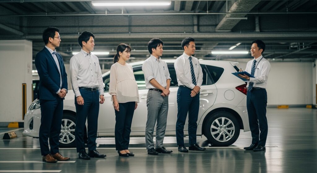 地下駐車場でインストラクターが社員に講習前の説明を行う様子|企業向けペーパードライバー講習の風景 地下駐車場で社員5名に向けてインストラクターが講習内容を説明している様子|法人向けペーパードライバー講習の風景