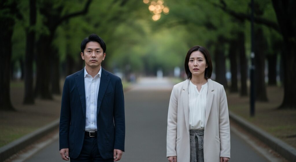 並木道で距離を置きながら立つ男女、不安と緊張が漂うシーン