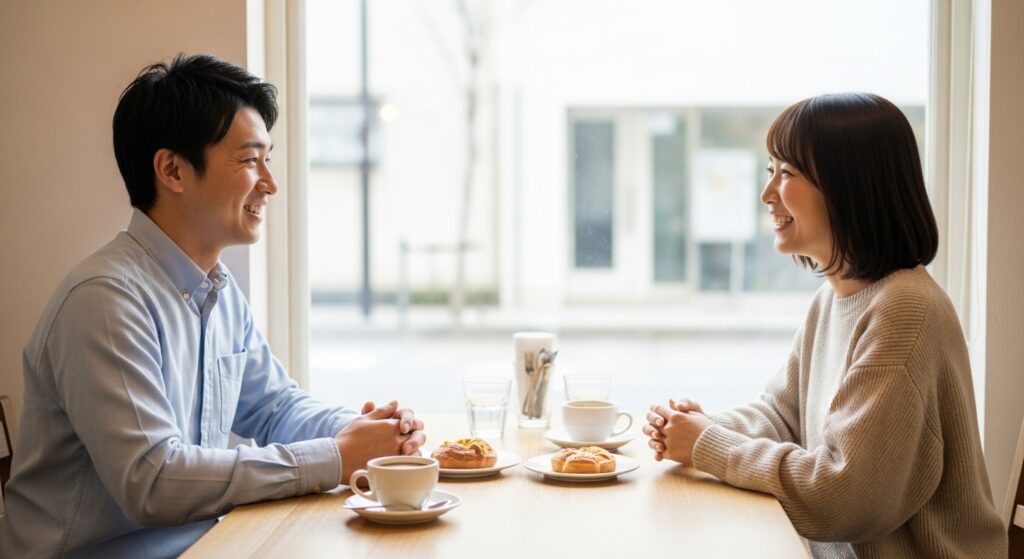 カフェで向かい合って会話を楽しむ男女の笑顔のシーン