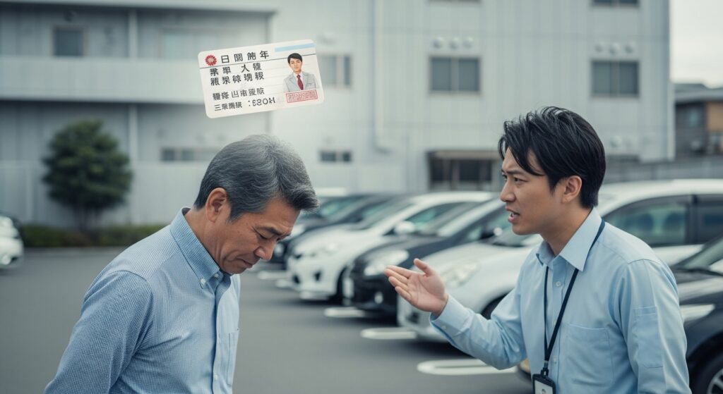 駐車場で若い同僚に話しかけられ、うつむく50代男性。頭上に免許証が浮かび、運転への不安やプライドの揺らぎ、世代間のギャップを象徴するシーン。