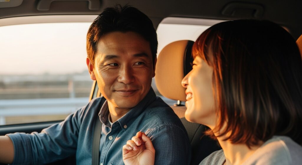 10年間のブランクを経て再びハンドルを握る40代男性。助手席の女性と会話しながら運転する姿に、不安と安心が入り混じる表情が映し出されています。