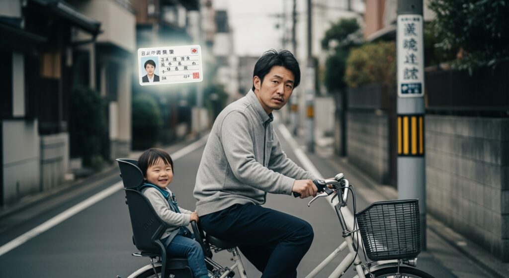 子どもを自転車に乗せて走る父親の頭上に免許証が浮かぶ。運転を再開したいけれど、プライドと不安の間で揺れる30代男性を象徴するシーン。