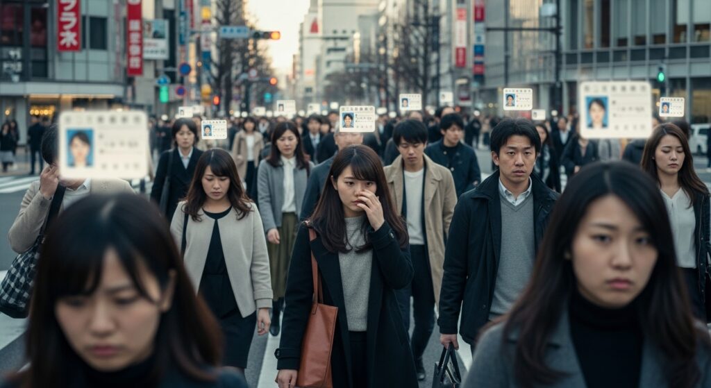 東京の交差点を歩く人々の頭上に免許証が浮かぶ。運転への恐怖や社会的プレッシャーを象徴するシーン。
