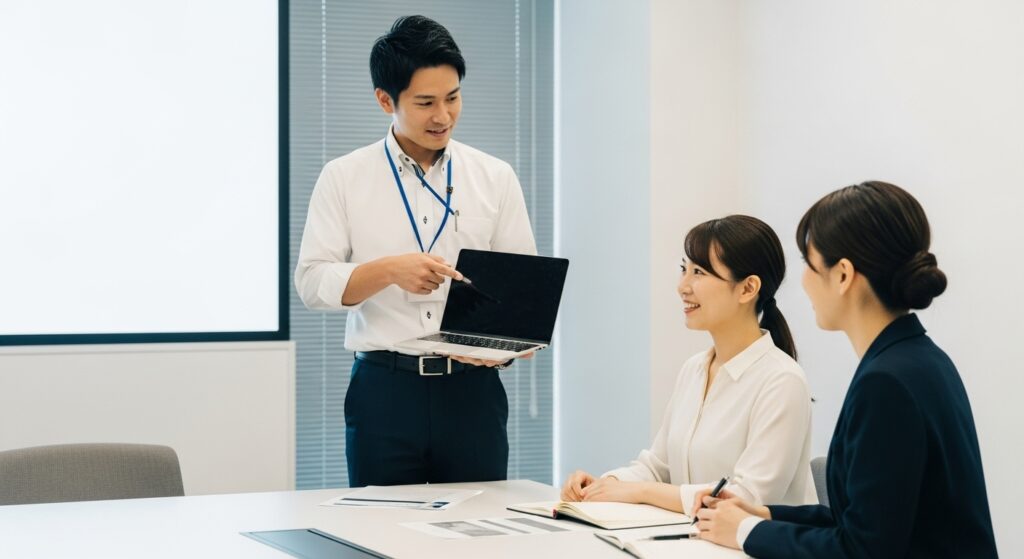 法人向け安全運転研修の社内打ち合わせシーン|ハートフルドライビング 企業の社員に安全運転研修プログラムを説明する日本人インストラクター。社内ミーティングでの研修相談シーン。)