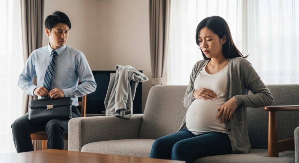 体調の優れない妊娠中の妻を気づかう夫の様子(リビングでのひととき) 体調が優れない妊娠中の妻を心配そうに見つめる夫。リビングでのひととき。
