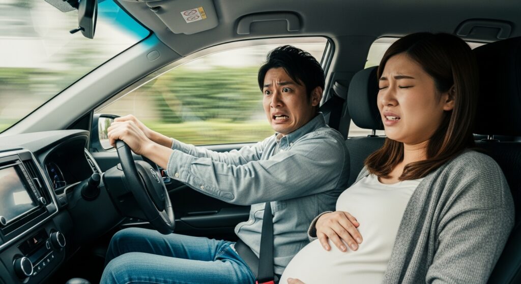 陣痛が始まった妻を乗せて病院へ急ぐ夫の緊迫した運転シーン 陣痛で苦しむ妊娠中の妻を乗せ、焦りながらも病院へ向かう夫の運転シーン。緊迫感の中にも家族を守ろうとする思いやりが伝わる一枚。