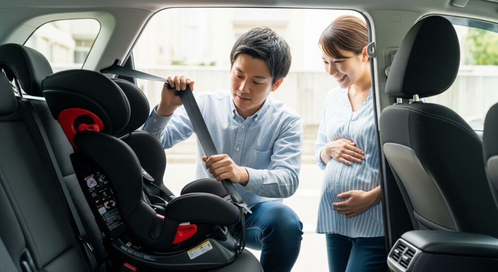 チャイルドシートを取り付ける夫と、それを優しく見守る妊娠中の妻の姿 出産を控えた妻を気づかいながら、車の後部座席にチャイルドシートを丁寧に取り付ける夫の姿。家族を迎えるための安心準備シーン。