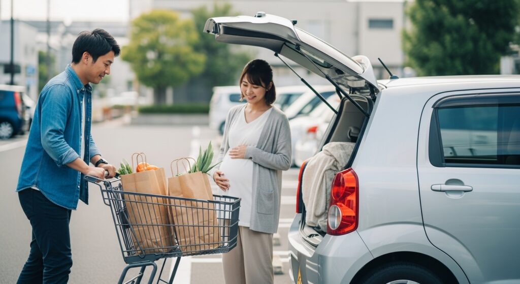駐車場で妊娠中の妻を見守りながら、買い物袋を車に積み込む夫のサポートシーン 妊娠中の妻を気づかいながら、買い物袋を車に積み込む夫の姿。日常の中で支え合う優しい夫婦のワンシーン。