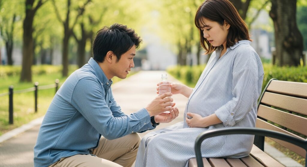妊娠中の妻を気づかい、公園のベンチで水を手渡す夫のサポートシーン 公園のベンチで体調を気づかう妊娠中の妻に、水を差し出す優しい夫の姿