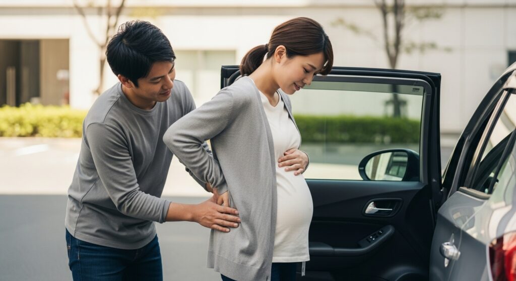 妊娠中の妻を気づかい、腰を支える優しい夫のサポートシーン 腰に痛みを感じる妊娠中の妻を、車のそばで優しく支える夫の姿