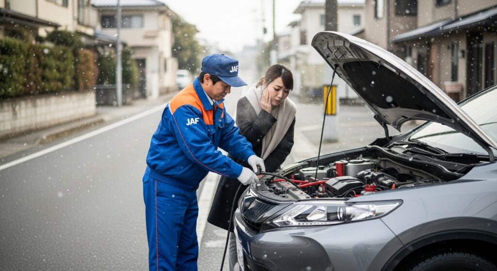 JAF バッテリー上がり 救援 冬 雪の中でエンジンがかからない車を、JAFスタッフが女性ドライバーに代わってバッテリー接続している様子