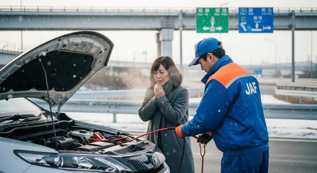 JAF バッテリー上がり 高速道路 冬 高速道路IC付近で、JAFスタッフが雪の中で女性ドライバーの車のバッテリーをつないでいる様子