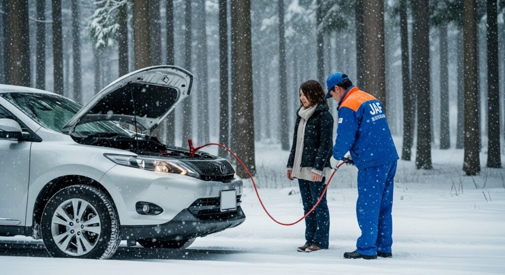 JAF バッテリー上がり 冬 雪 森 雪の森の中で、JAFスタッフが女性ドライバーの車のバッテリーをジャンプスタートしている様子