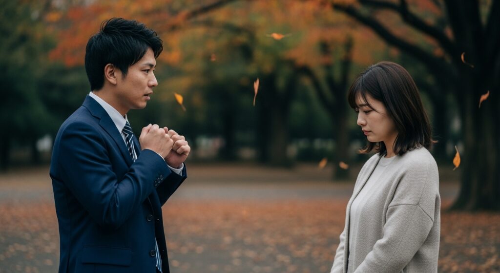 秋の公園で向き合う男女、緊張とすれ違いを感じさせるシーン