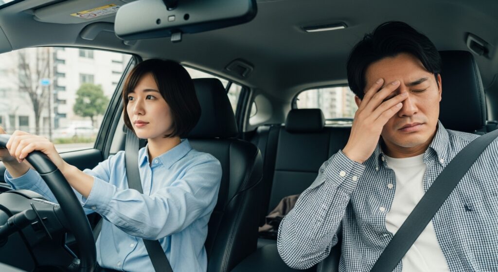 女性が運転する車の助手席で落ち込む男性の様子。運転できないことへのプライドや葛藤を表すシーン。