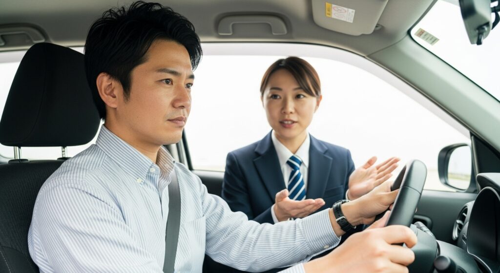 10年ぶりに運転席に座り緊張する男性と、助手席で落ち着いて指導する女性インストラクター