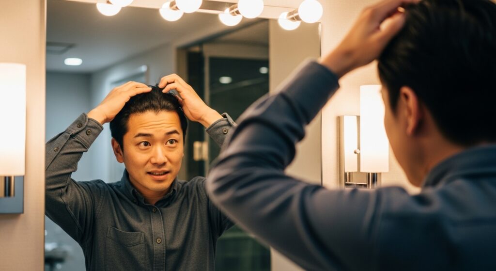鏡の前で髪を整えながら自信を取り戻そうとする男性