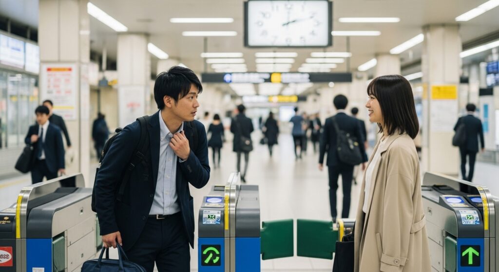 駅の改札で久しぶりに再会し、会話を始める男女のシーン