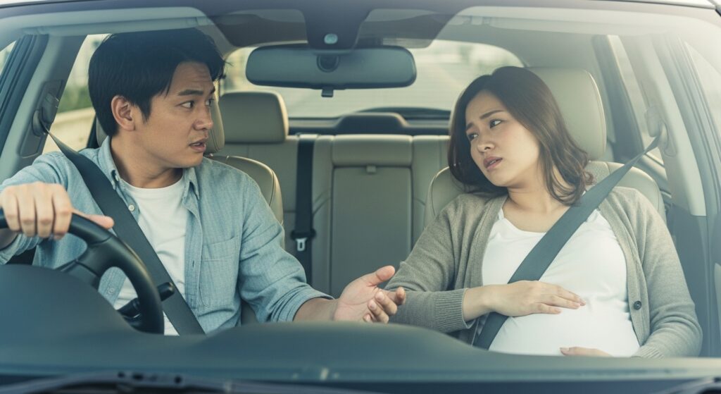 陣痛が始まった妊婦を乗せて病院へ急ぐ夫の運転シーン 陣痛で苦しむ妊娠中の妻を気づかいながら安全運転で病院へ向かう夫の姿