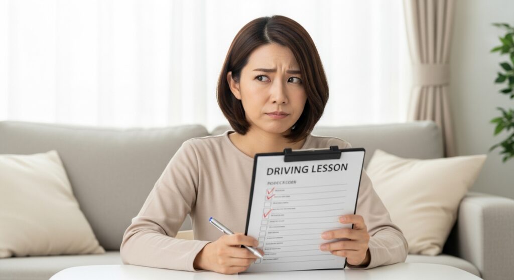 ペーパードライバー講習のチェックシートを見ながら不安そうな表情を浮かべる40代女性