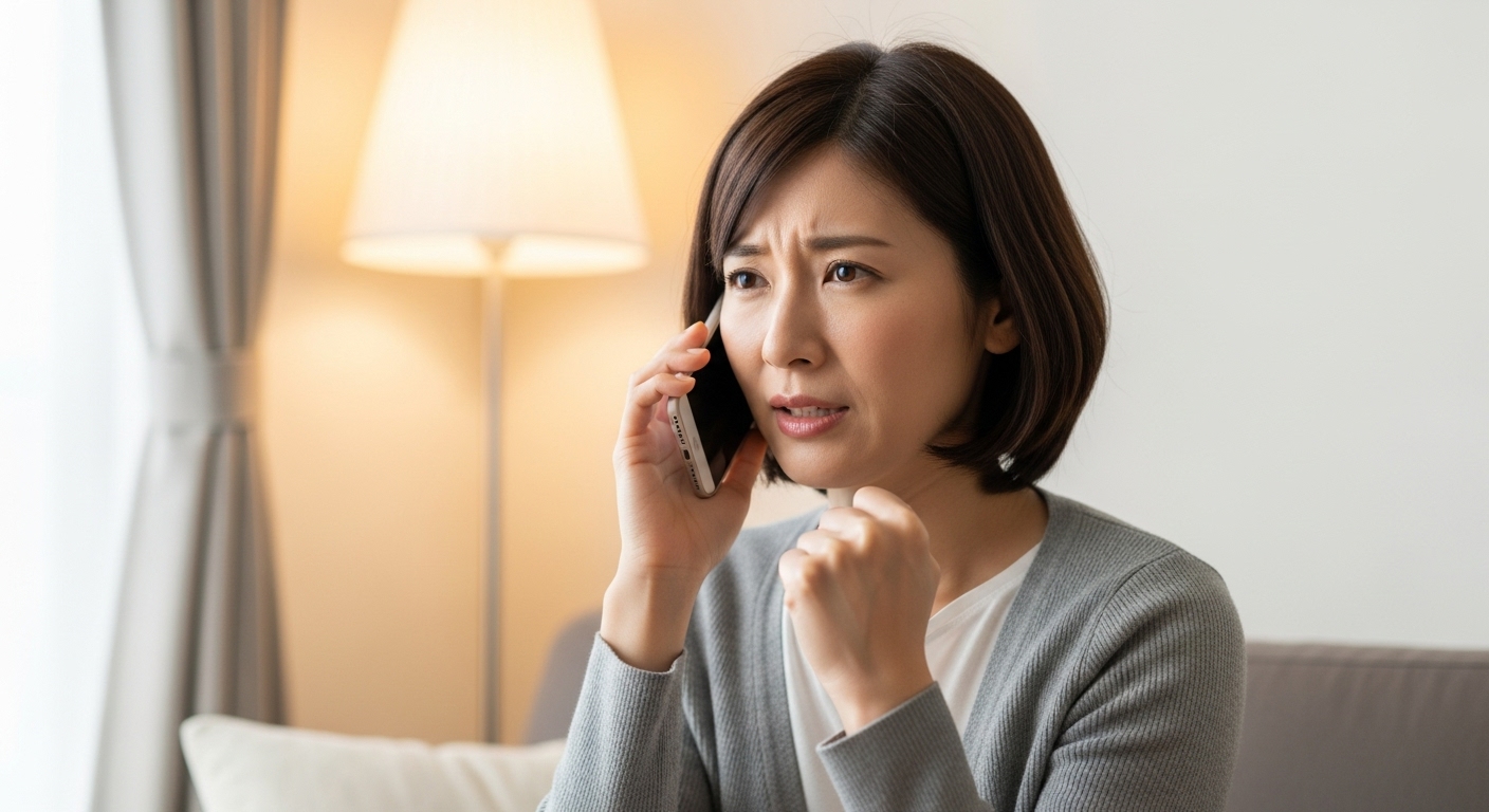 電話で運転の不安を相談している40代女性、真剣な表情