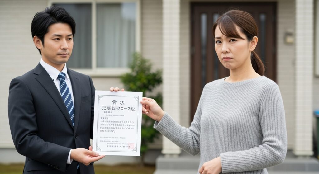 ペーパードライバー講習の修了証を受け取る40代女性、納得できず不満そうな表情