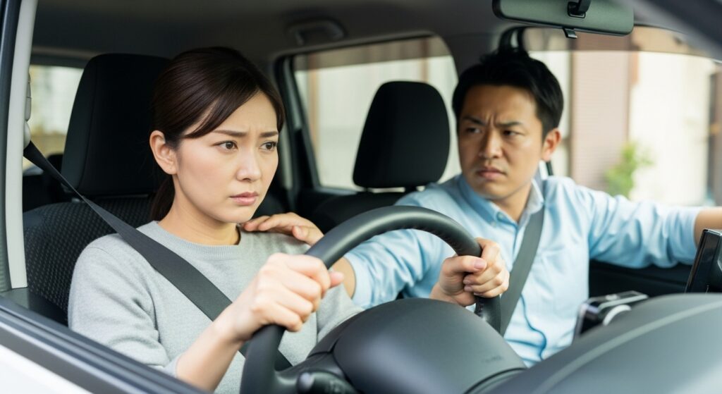 ペーパードライバー講習で厳しく指導される40代女性、運転席で緊張した表情