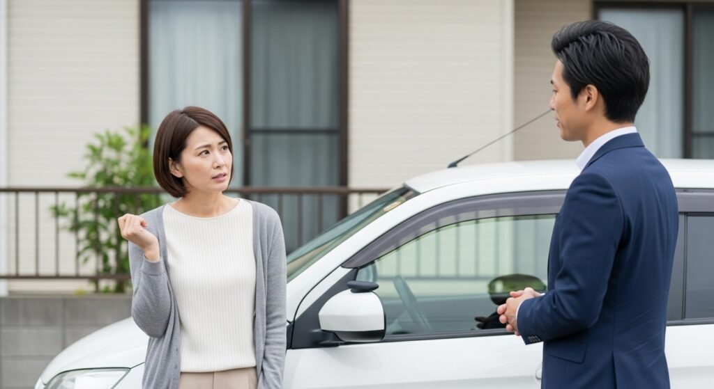 自宅前の駐車場でインストラクターと話し合う40代女性、運転練習後の相談シーン