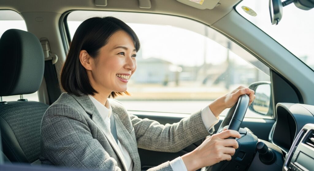ペーパードライバー講習を終えて笑顔で自信を持って運転する40代女性