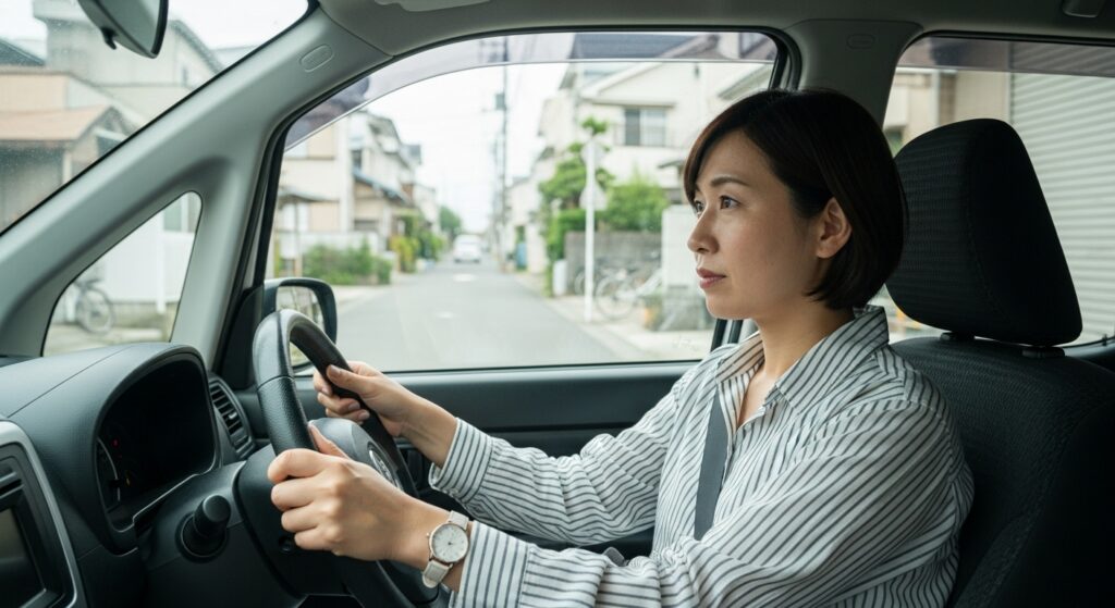 住宅街の生活道路を慎重に運転する40代女性、ペーパードライバー講習後の成功体験