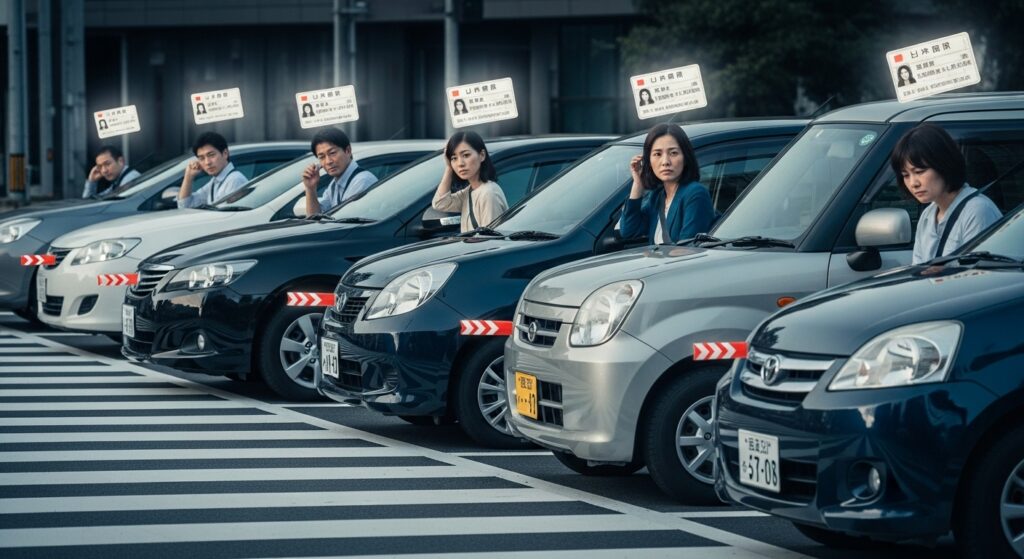 交差点の白線の前でブレーキを踏み止まる男女。頭上に免許証が浮かび、劣等感とプライドの狭間で前に進めない心理を象徴するシーン。