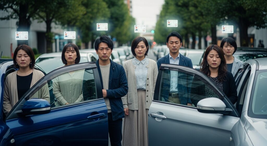 車のドアを開けて立つ男女。頭上に免許証が浮かび、運転ブランクを乗り越え再び前に進む決意を象徴するシーン。