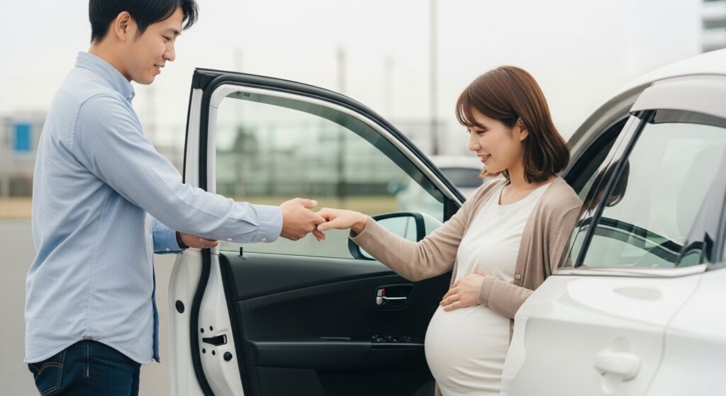 妊娠中の妻を気づかい、車から降りるのを優しく手伝う夫の姿 妊娠中の妻を気づかい、車から降りるのを手伝う優しい夫の姿